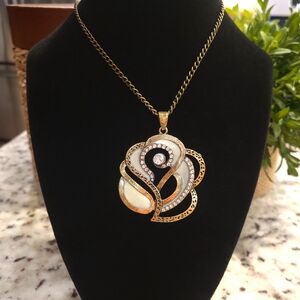 Gold and White Enamel Rose Pendant Necklace